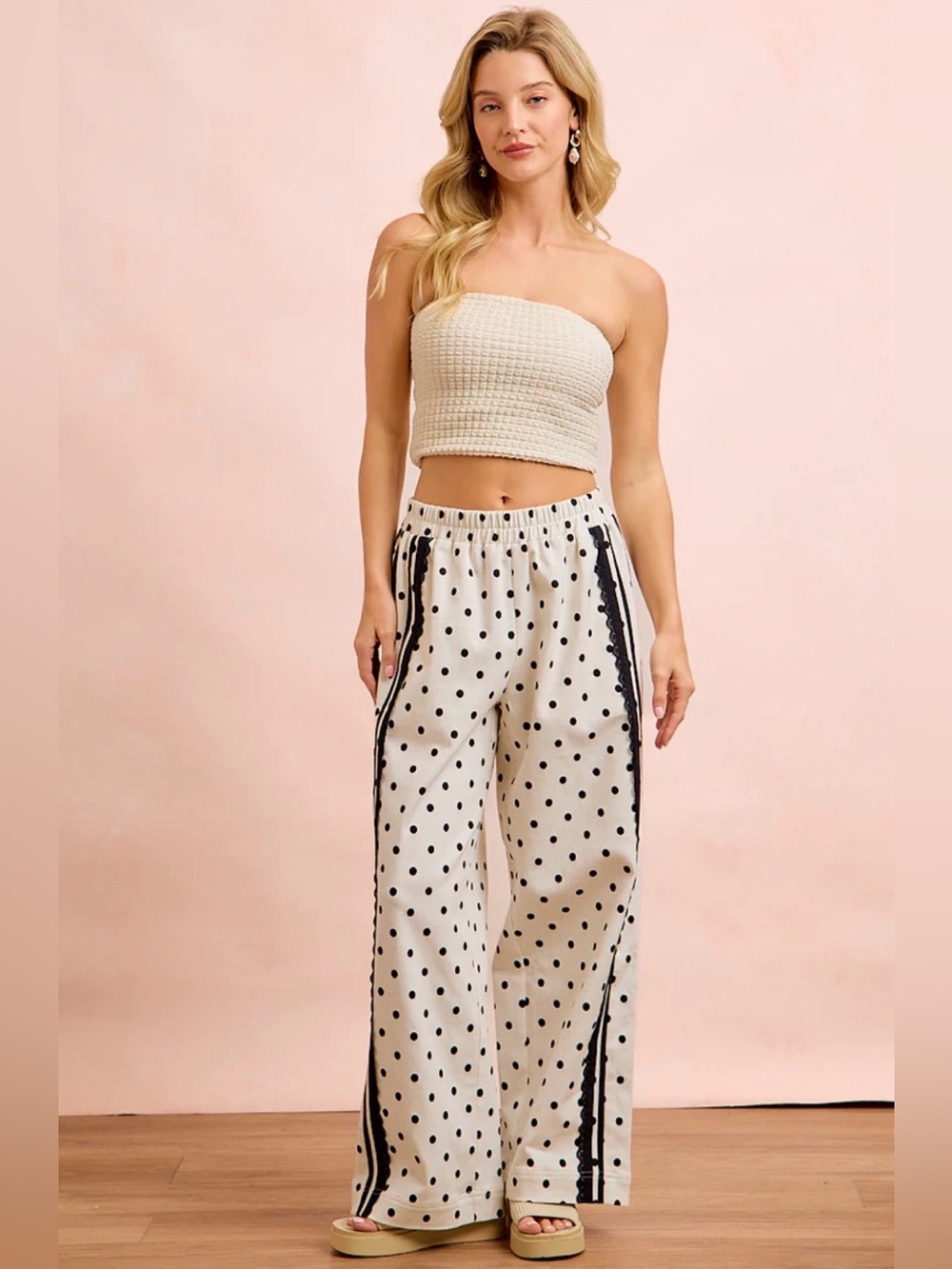 BiBi Cream Wide-Leg Polka Dot Pants with Black Trim